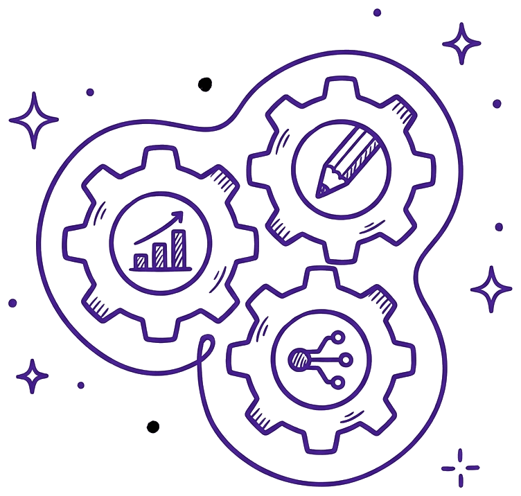 Three interlocking gears containing a growth chart, a pencil and a circuit node: the growth marketing, design and AI automation services Catalyst Creatives runs as one function for edtech companies.