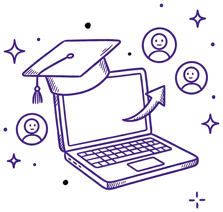 A graduation cap resting on an open laptop surrounded by learner avatars: the edtech, alternative education and career platforms Catalyst Creatives works with.