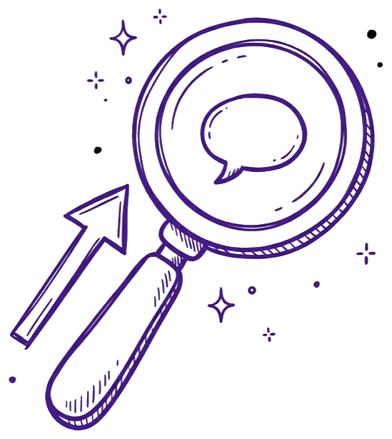AI search illustration: a magnifying glass containing a speech bubble with an upward arrow, representing the AEO work Catalyst Creatives does