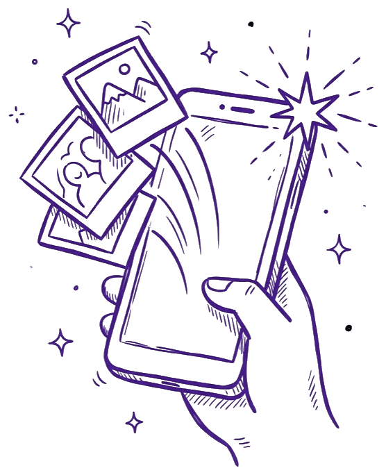 AI UGC illustration: a phone with photo frames fanning out of the screen, representing the creator-style ads Catalyst Creatives produces at volume